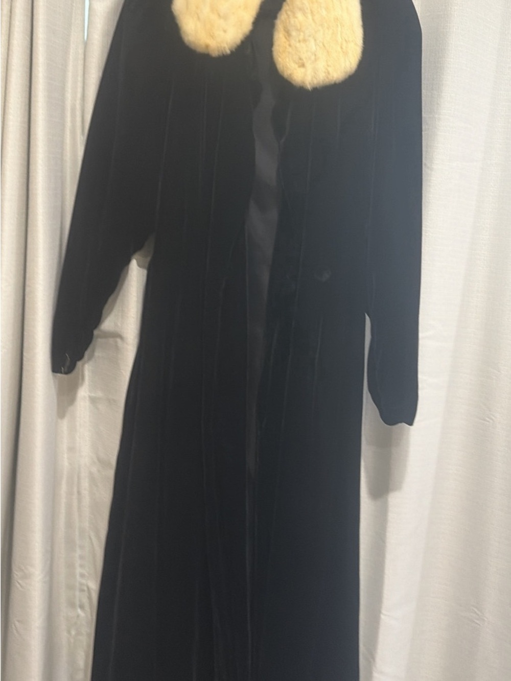 Black Velvet Maxi Coat/Jacket with White/Cream Fur Collar